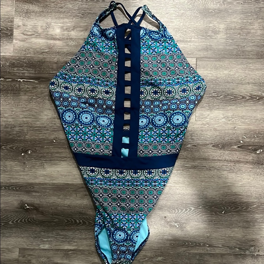 Bleu Rod Beattie Blue and Green One Piece Swimsuit with Geometric Pattern